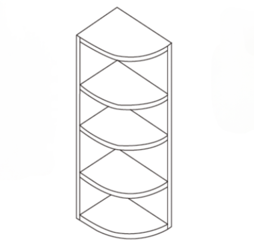 A four-tier corner shelf unit with curved front edges.